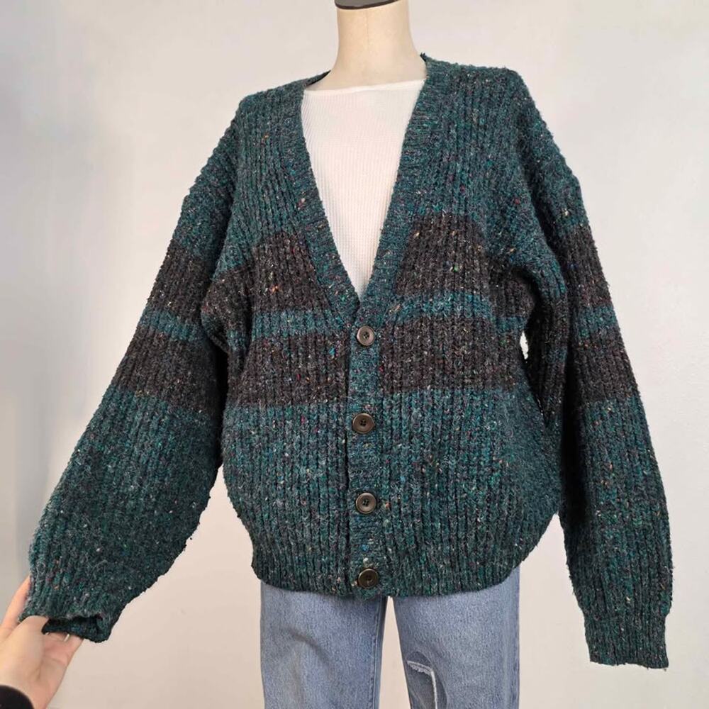 Vintage 90s Chunky Knit Grandpa Cardigan Sweater Striped Button Unisex Large